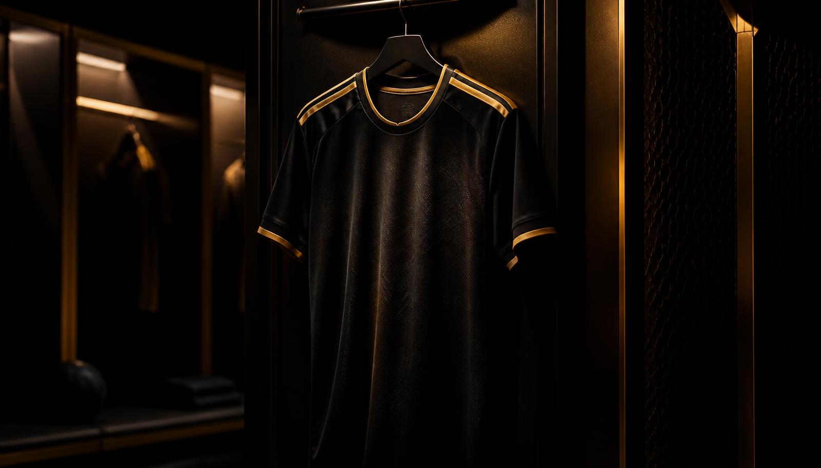 Camisa de futebol premium pendurada em vestiário escuro com iluminação dourada